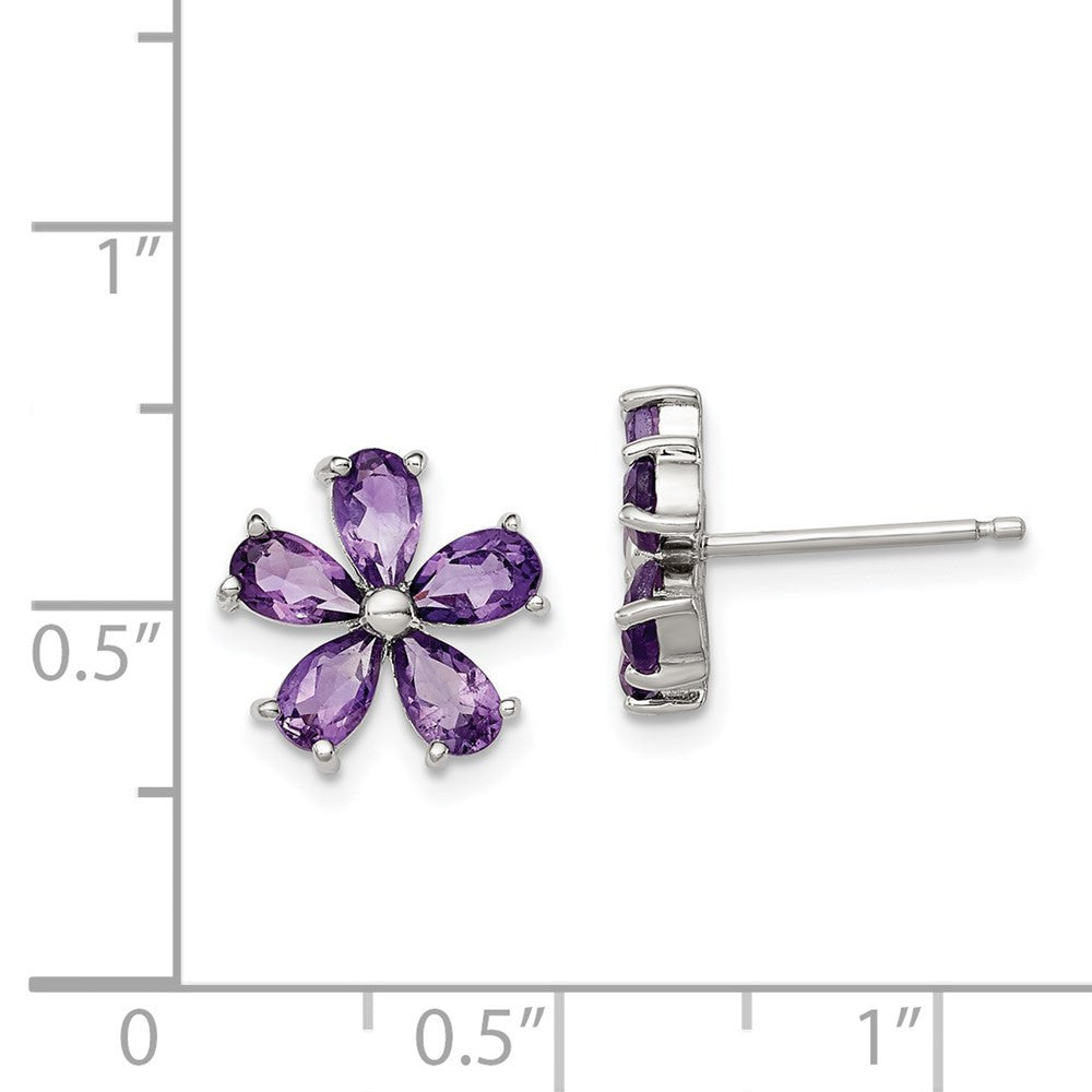 Sterling Silver Rhodium Plated Amethyst Floral Button Stud Earrings