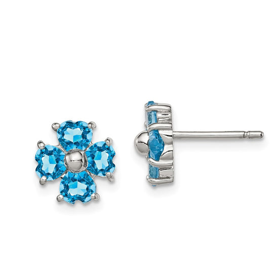 Sterling Silver Rhodium Plated Blue Topaz Flower Button Stud Earrings