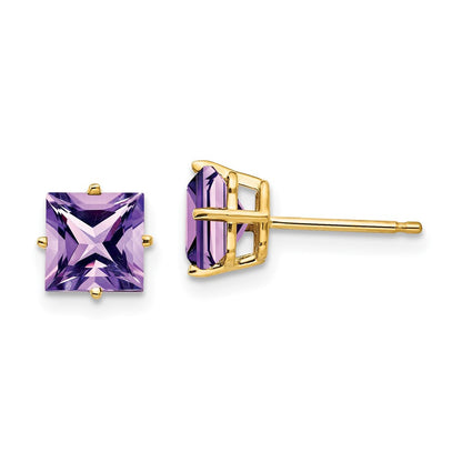 14k Yellow Gold 6mm Princess Cut Amethyst Stud Earrings
