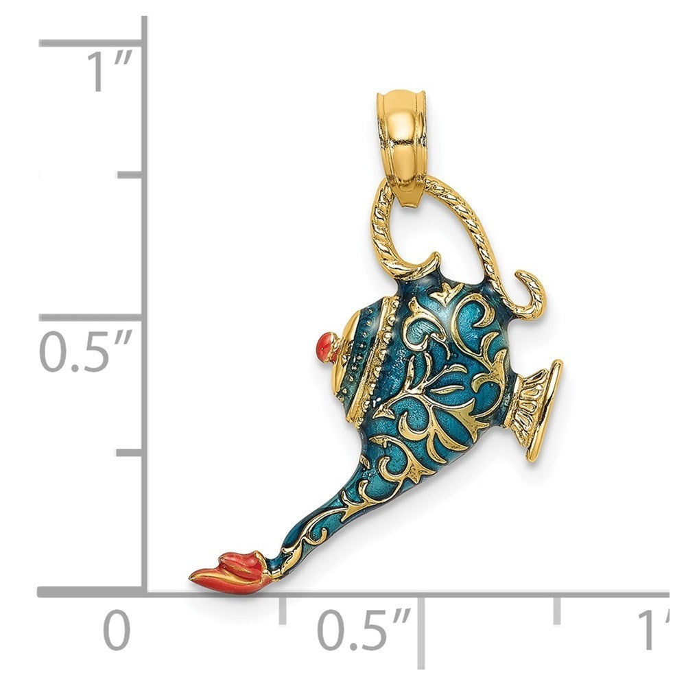 14k Yellow Gold Enamel 3-D Textured Blue Genie Lamp Charm Pendant