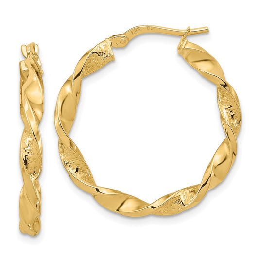 14k Yellow Gold Polished and Textured Twisted Hoop Earrings