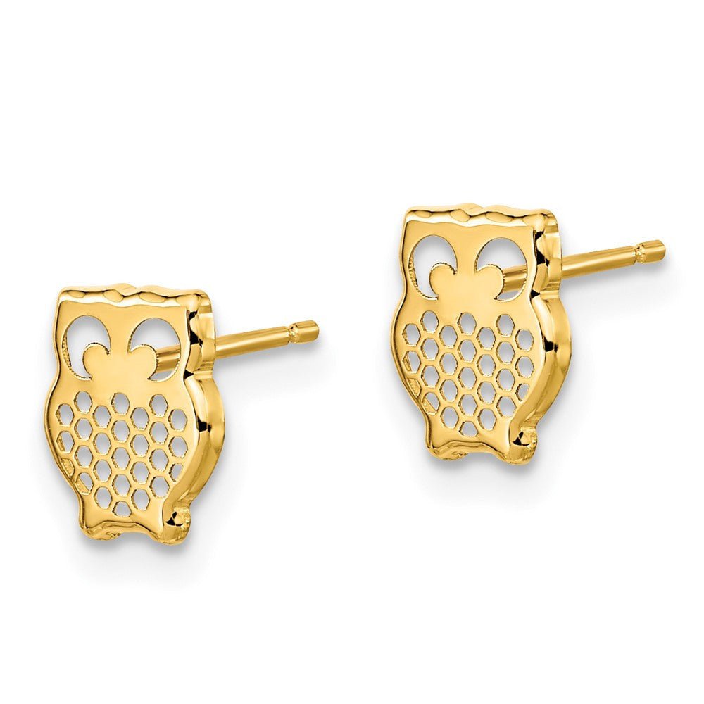 14k Yellow Gold Textured Owl Button Stud Earrings