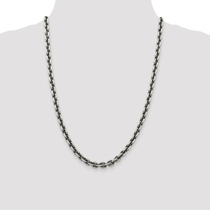 Sterling Silver Antiqued Diamond-Cut Elongated Open Link Chain Necklace 24"