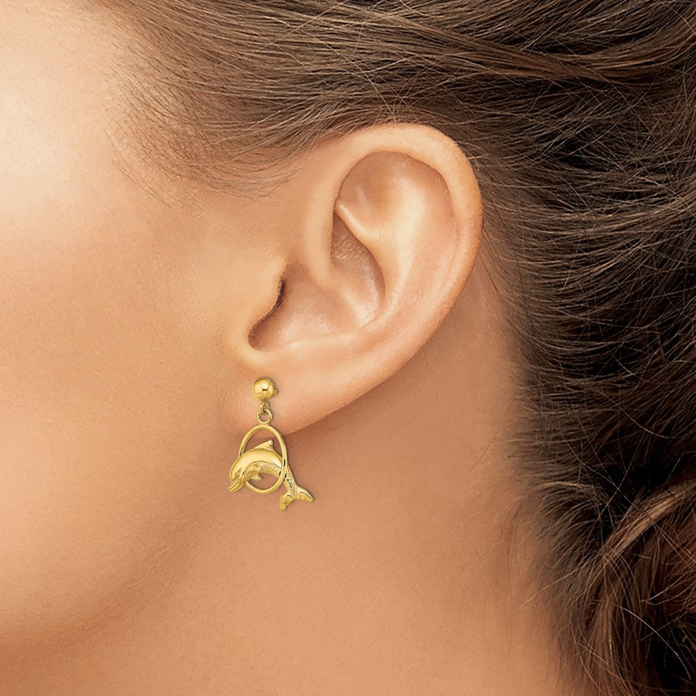 14k Yellow Gold 2-D Polished Dolphin Jumping Through Hoop Earrings