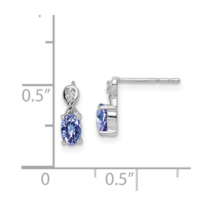 Sterling Silver Rhodium Plated Diamond & Tanzanite Oval Dangle Earrings