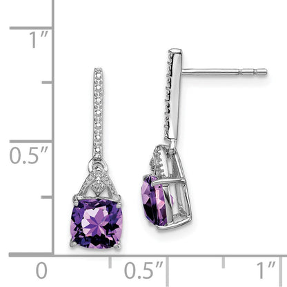 Sterling Silver Rhodium Plated Diamond and Amethyst Dangle Earrings