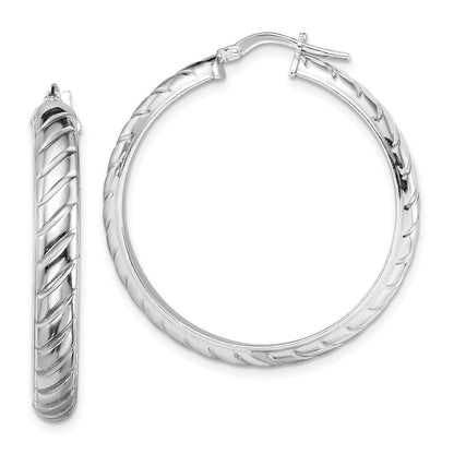 Sterling Silver Rhodium-plated 5x30mm Polished Textured Hoop Earrings