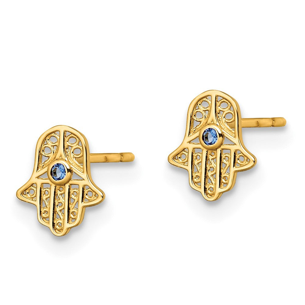 14k Yellow Gold Blue Glass Stone Hamsa Stud Earrings