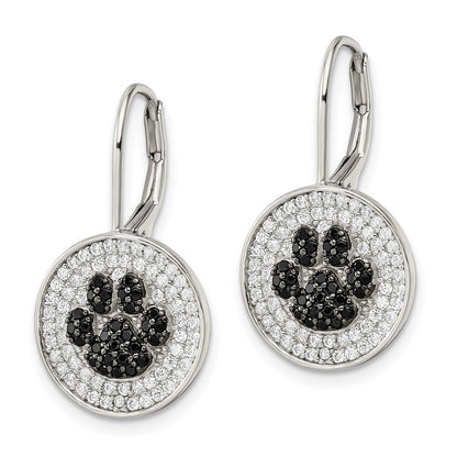 Sterling Silver Rhodium-plated Polished CZ Paw Print Leverback Dangle Earrings