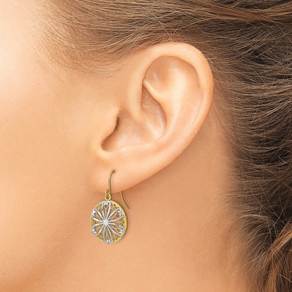 14k Yellow Gold w/Rhodium Filigree Medallion Dangle Earrings