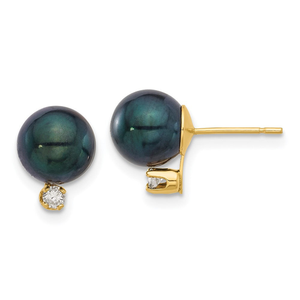 14k Yellow Gold 8mm Black Akoya Saltwater Cultured Pearl & Diamond Stud Earrings