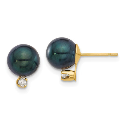 14k Yellow Gold 8mm Black Akoya Saltwater Cultured Pearl & Diamond Stud Earrings
