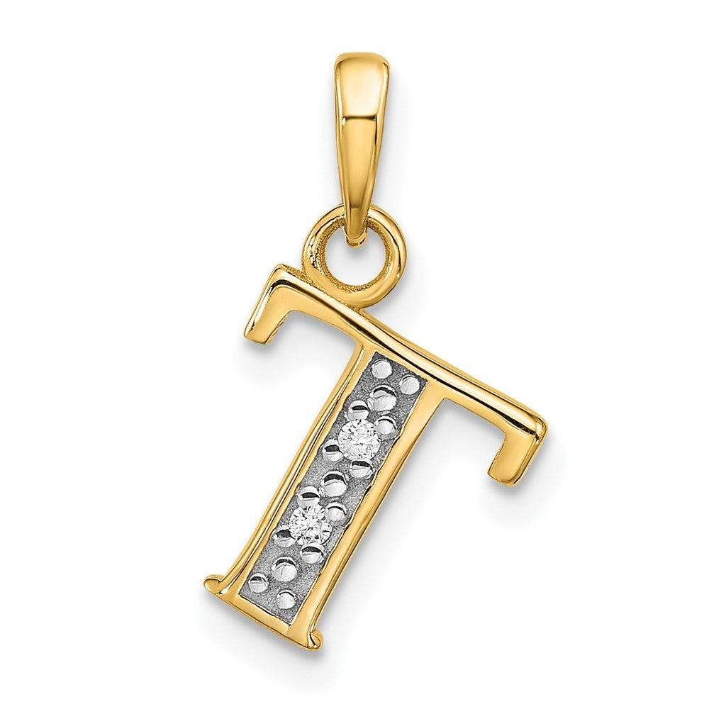 14k Yellow Gold with Rhodium Diamond Letter T Initial Pendant