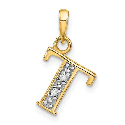 14k Yellow Gold with Rhodium Diamond Letter T Initial Pendant