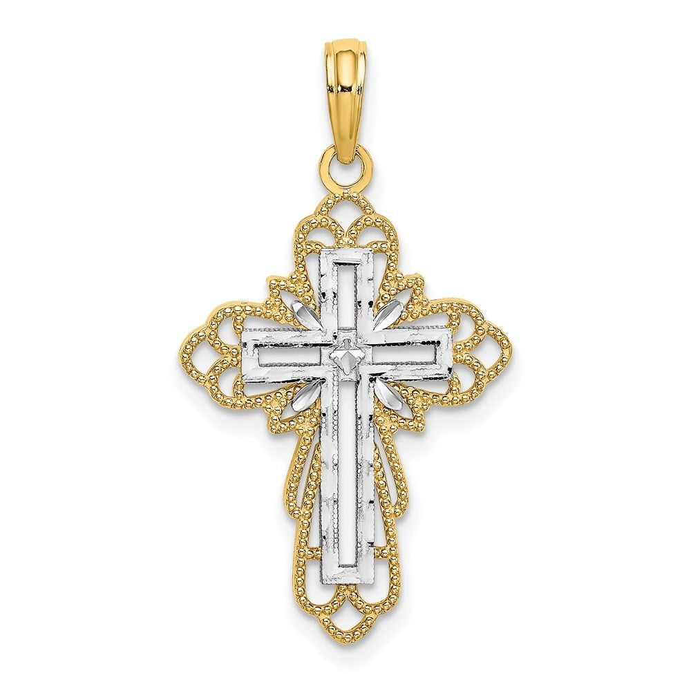 14k Yellow Gold Rhodium Lace Trim Cross Charm Pendant