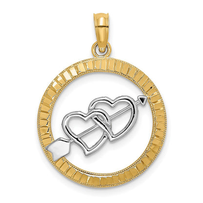 14k Yellow Gold Diamond-cut Rhodium Heart and Arrow Charm Pendant