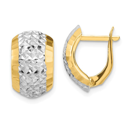 14k Yellow Gold w/ White Rhodium Diamond-cut Hinged Hoop Earrings