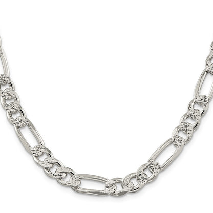 Sterling Silver 9.5mm Pav� Flat Figaro Chain Necklace 26"