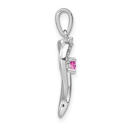 14k White Gold Created Pink Sapphire and Diamond Heart Pendant