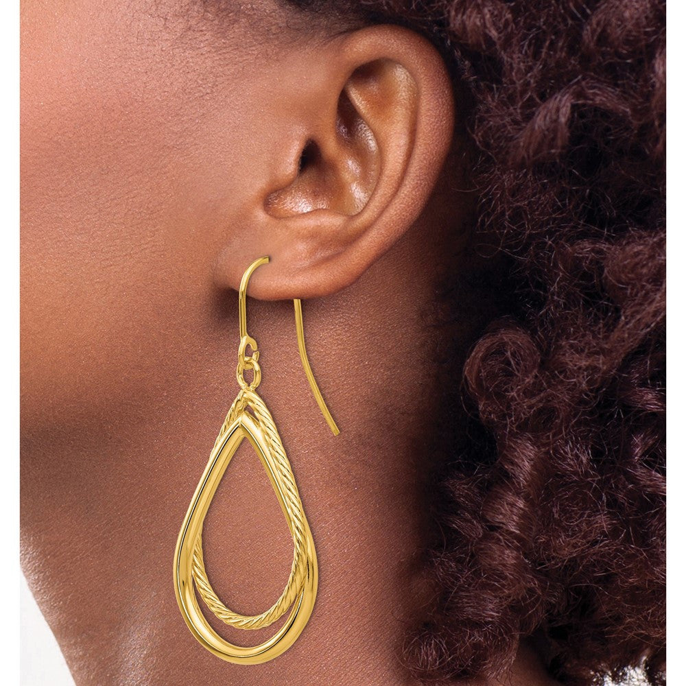 14k Yellow Gold Polished and Textured Tear Shepherd Hook Dangle Earrings