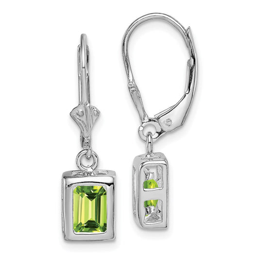 Sterling Silver Rhodium Plated 7x5 Emerald Cut Peridot Leverback Dangle Earrings