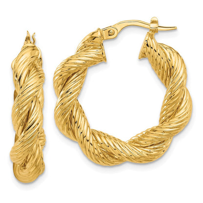 14k Yellow Gold Polished and Textured Twisted Hoop Earrings