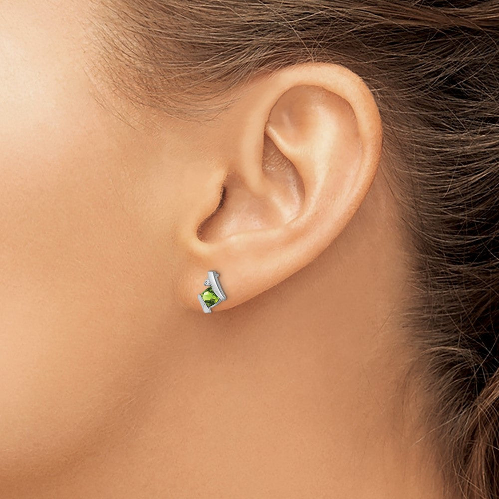Sterling Silver Antique Cushion Peridot and Diamond Button Stud Earrings