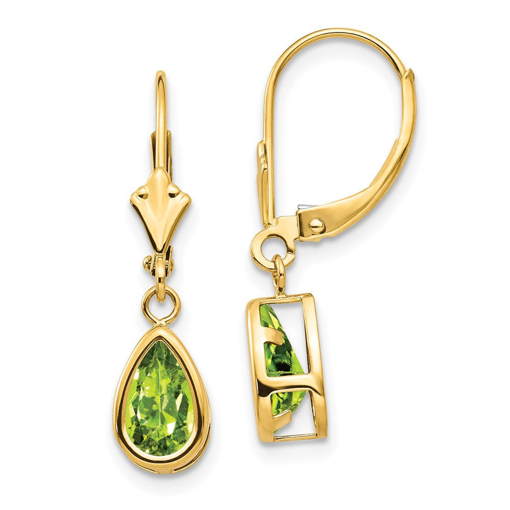 14k Yellow Gold 8x5mm Pear Peridot Leverback Drop & Dangle Earrings