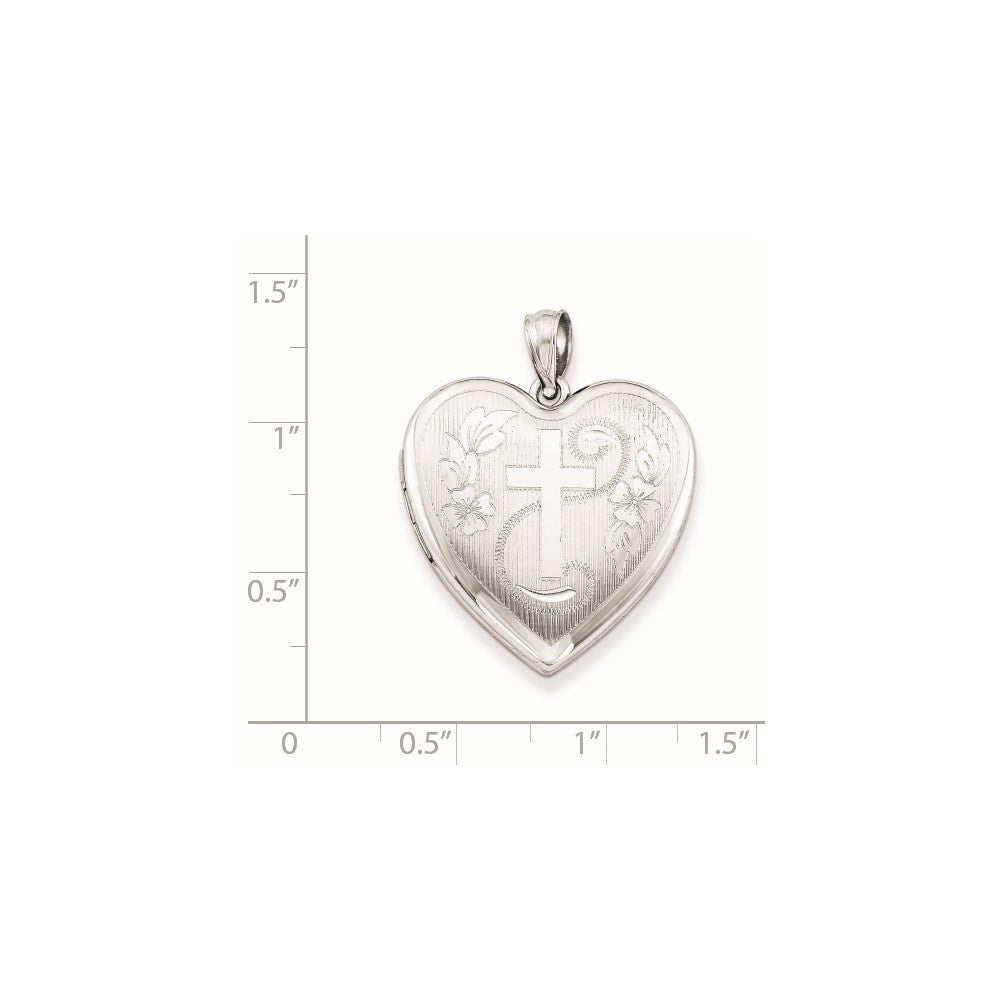 Sterling Silver Rhodium-plated 24mm Diamond-Cut Cross Heart Locket Pendant