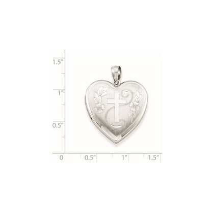 Sterling Silver Rhodium-plated 24mm Diamond-Cut Cross Heart Locket Pendant