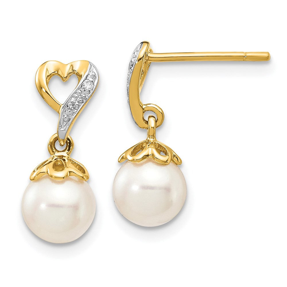14k Yellow Gold 6-7mm Round FWC Pearl .01ct Heart Diamond Dangle Earrings