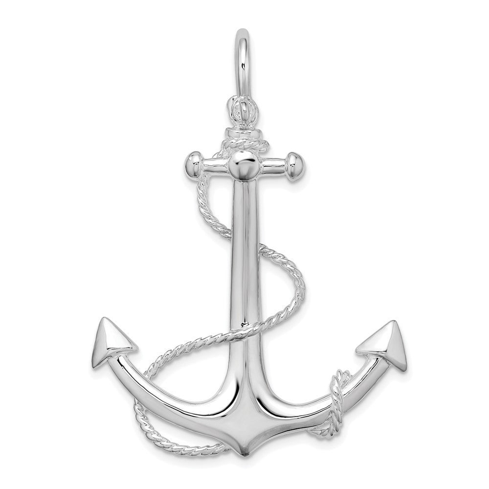 Sterling Silver Rhodium-Plated Polished 3D Anchor with Rope Pendant