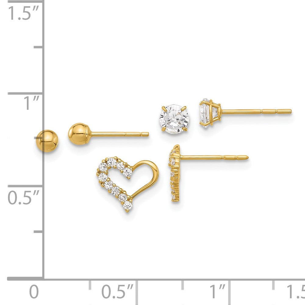 14k Yellow Gold Polished CZ Ball and Heart Earring Set