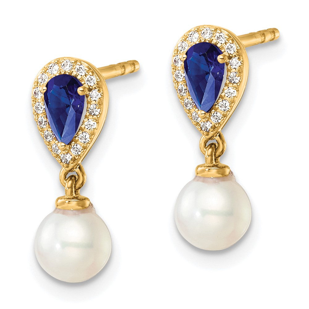 14k Yellow Gold Polished Diamond Pearl and Sapphire Dangle Earrings