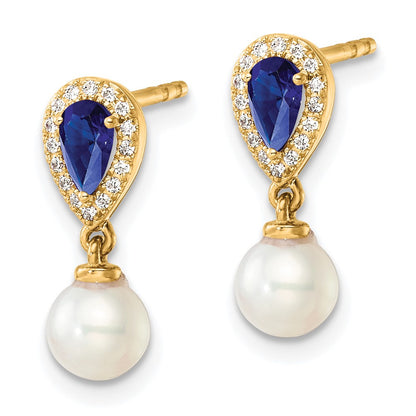 14k Yellow Gold Polished Diamond Pearl and Sapphire Dangle Earrings