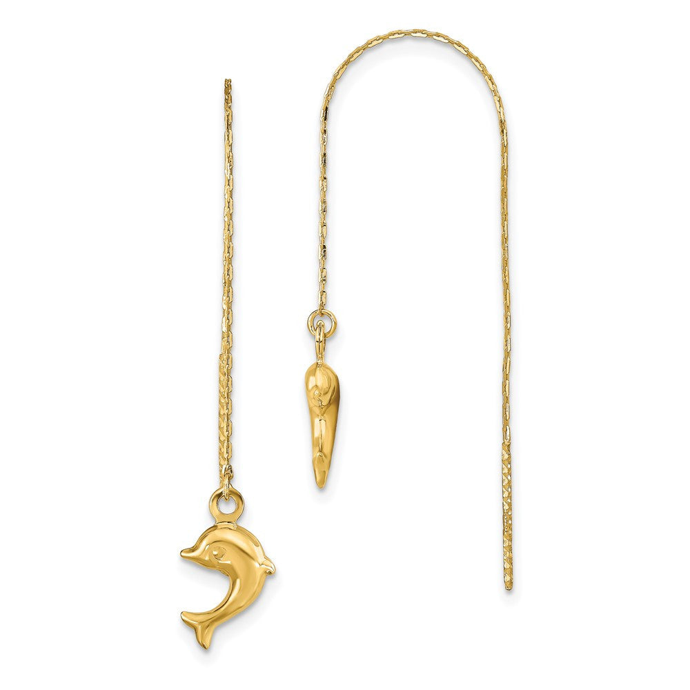 14k Yellow Gold Polished Dolphins Threader Dangle Earrings