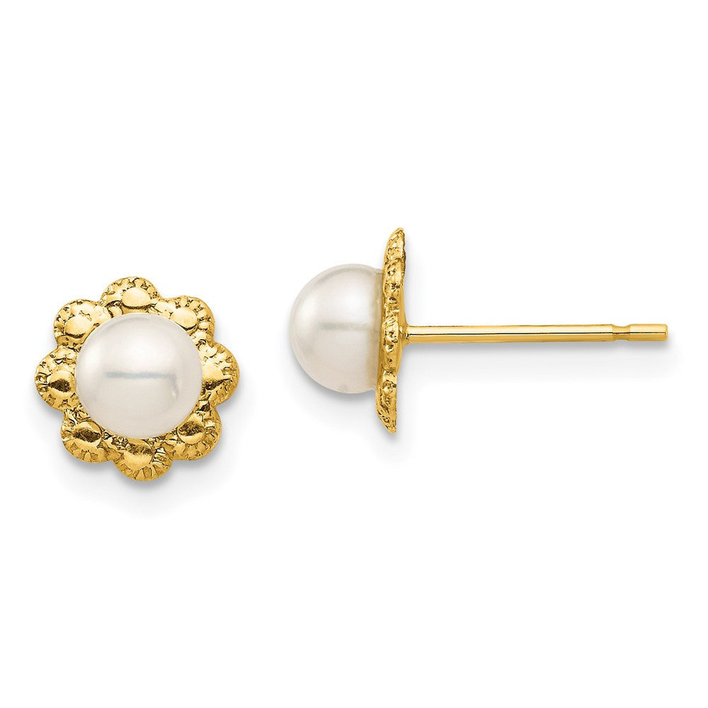 14k Yellow Gold Button Cultured Pearl Flower Stud Earrings with Silicone Backs