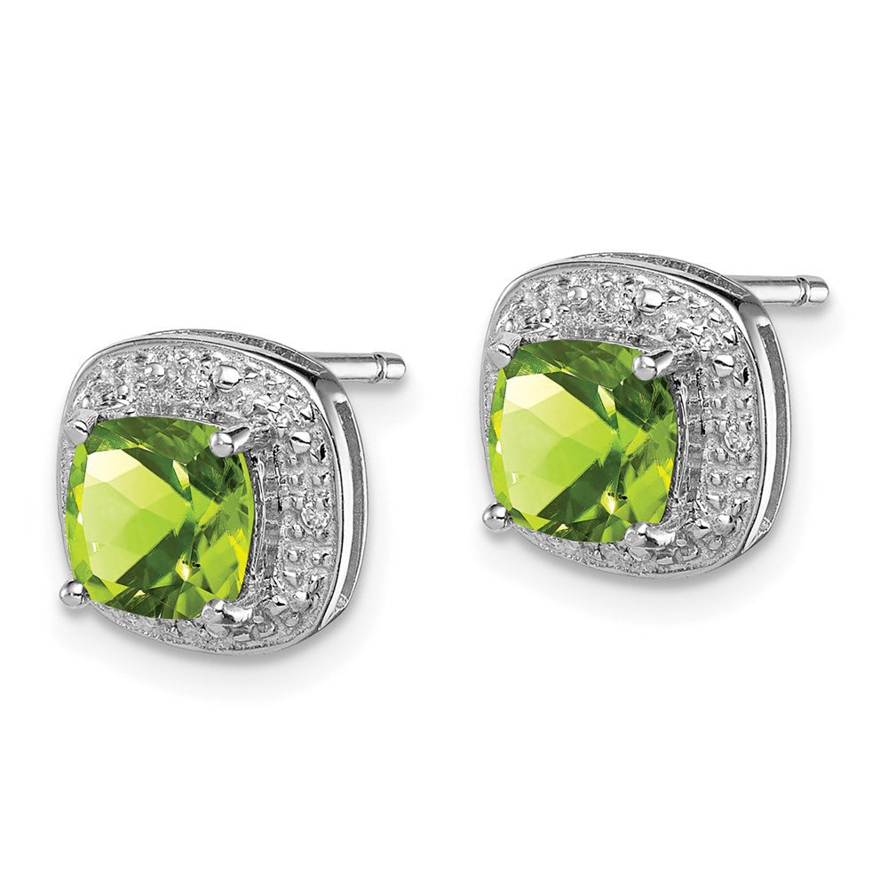 Sterling Silver Rhodium Plated Peridot and Diamond Button Stud Earrings