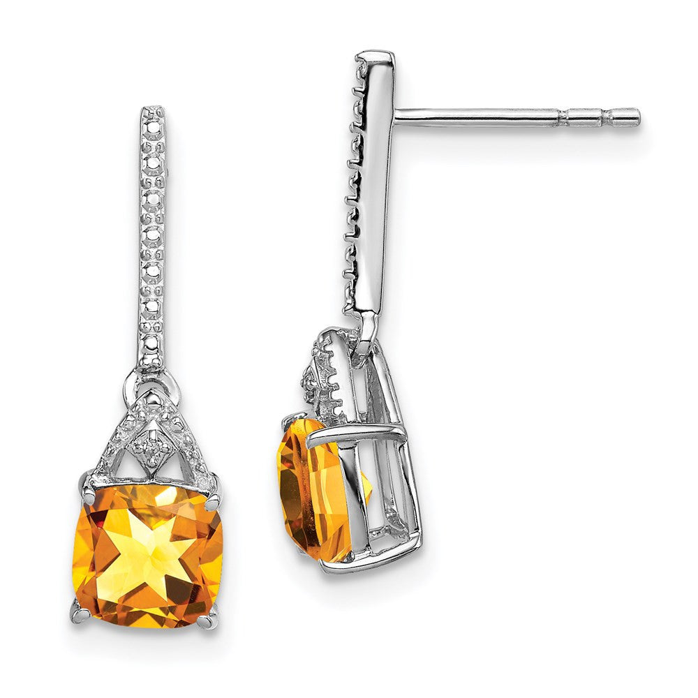 Sterling Silver Rhodium Plated Diamond and Citrine Dangle Earrings