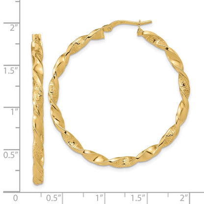 14k Yellow Gold Polished and Textured Twisted Hoop Earrings