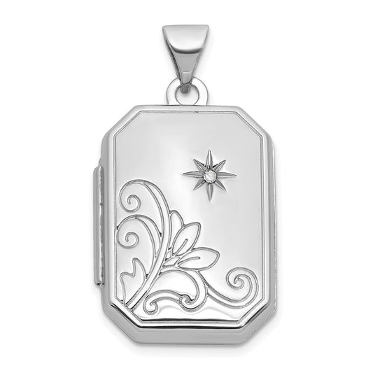 Sterling Silver RH-plated Diamond Flower And Star 20mm Rectangle Locket Pendant