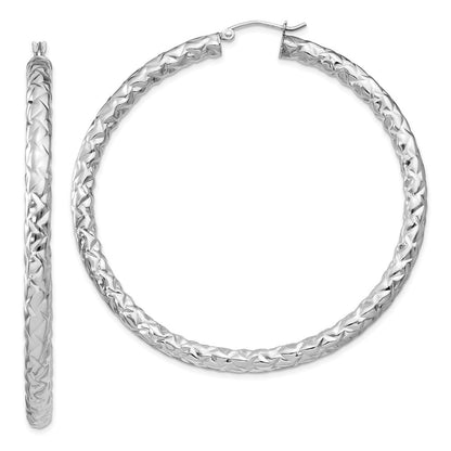 Sterling Silver Rhodium-plated Textured 4x60mm Hoop Earrings