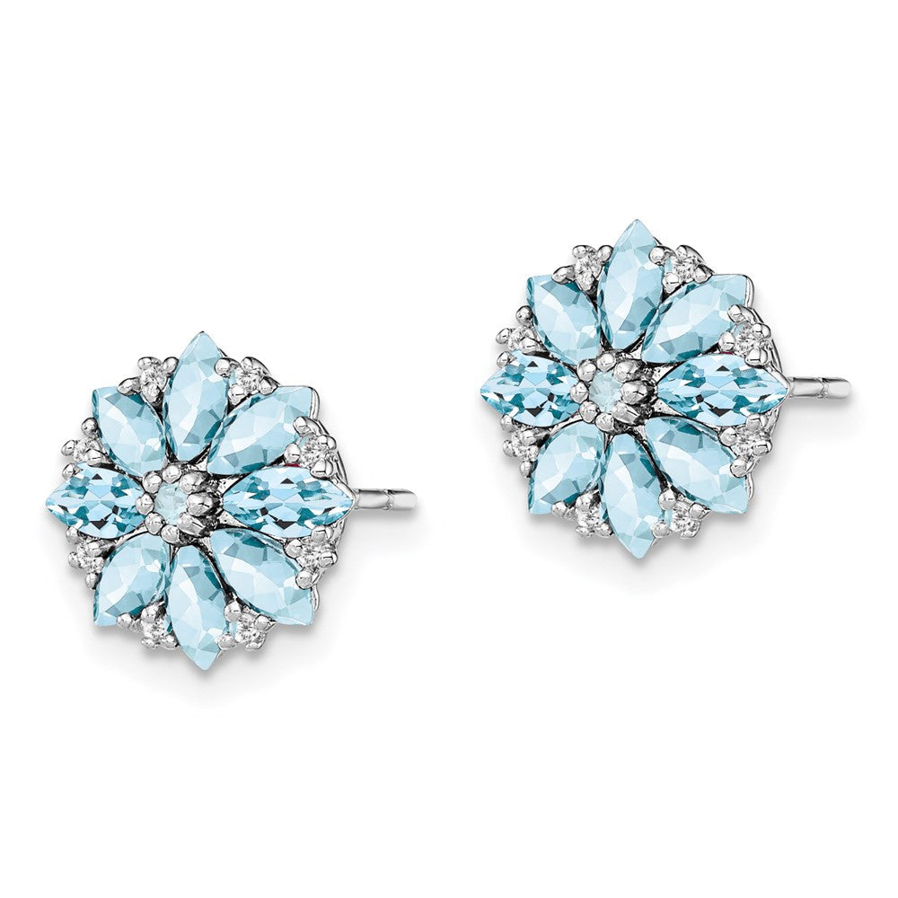 Sterling Silver Rhodium-plated Diamond & Aquamarine Button Stud Earrings