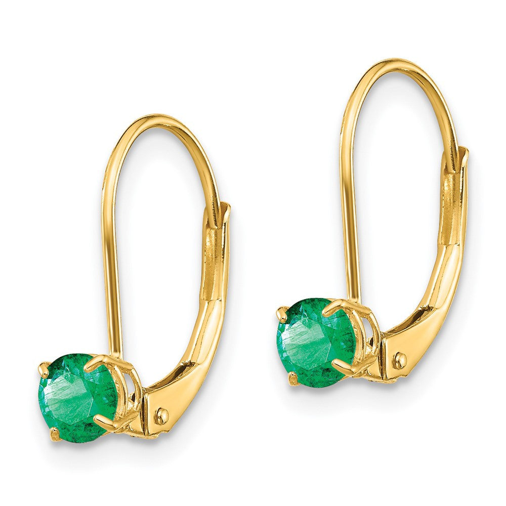 14k Yellow Gold 4mm Round May/Emerald Leverback Dangle Earrings