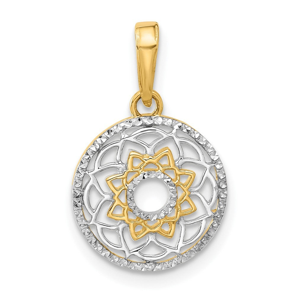 14k Yellow Gold and White Rhodium Polished Floral Design Circle Pendant