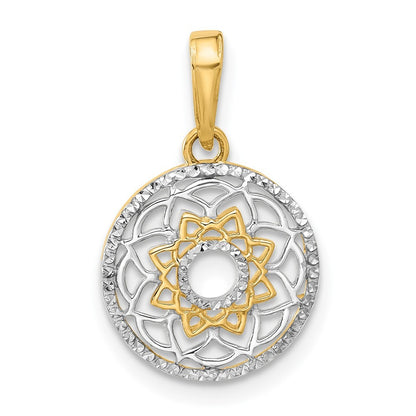 14k Yellow Gold and White Rhodium Polished Floral Design Circle Pendant