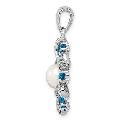 Sterling Silver Rhodium Plated Diamond and London Blue Topaz Flower Pendant