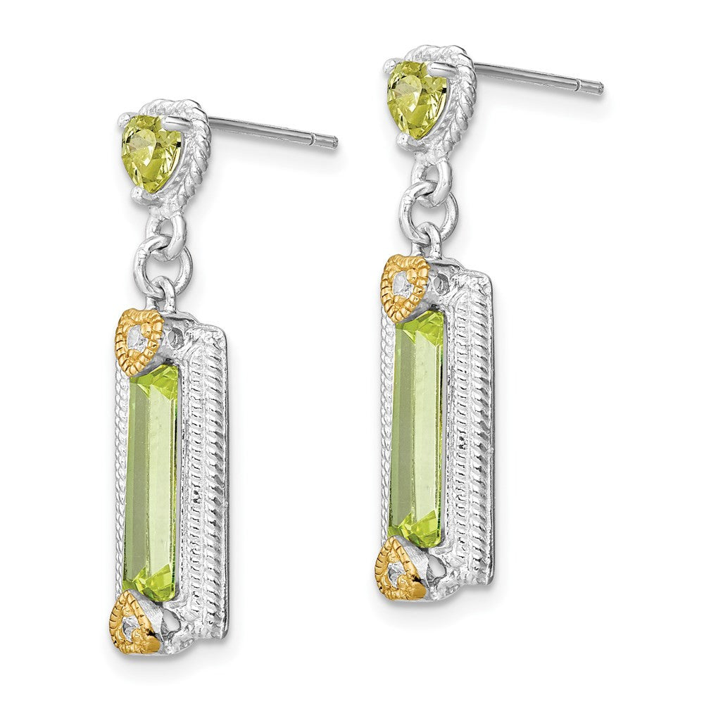 Sterling Silver Gold-tone Polished & Textured Green CZ Heart Dangle Earrings