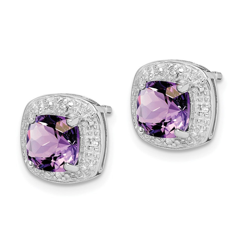 Sterling Silver Rhodium Plated Amethyst and Diamond Button Stud Earrings