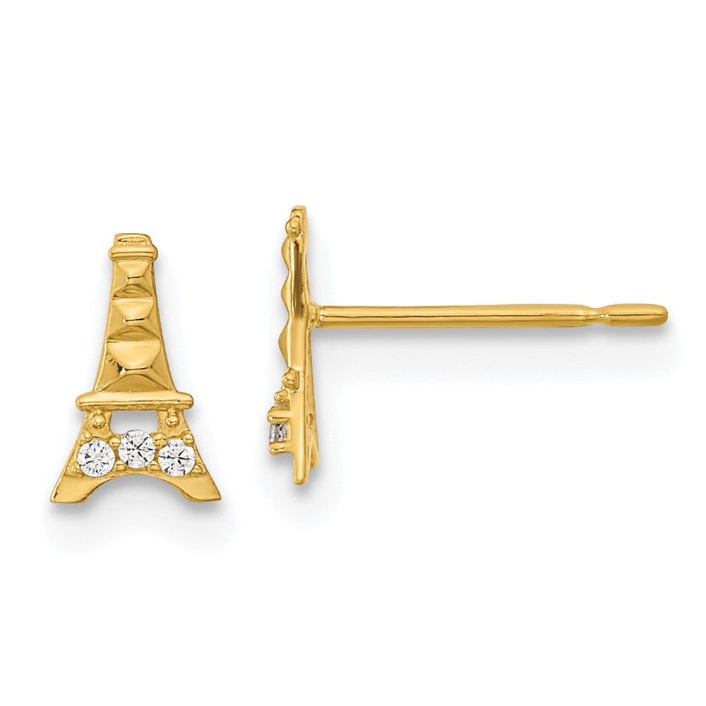 14k Yellow Gold Kids CZ Eiffel Tower Button Stud Earrings